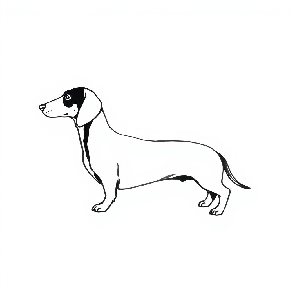 The same dachshund, rendered as a single-line ink drawing
